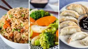 Wide split image showing ideas of what to eat with teriyaki chicken.