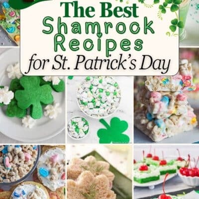 Shamrock recipes Pinterest pin with a nine-image collage showing green and clover-themed sweets, treats, and snacks with text overlayed.