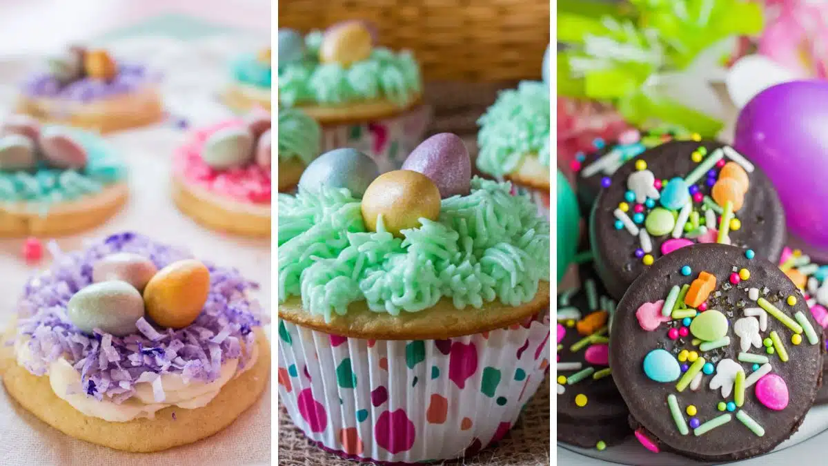 A trio collage of the best Easter desserts like my fun Easter basket cookies and cupcakes plus fudge dipped Oreas!