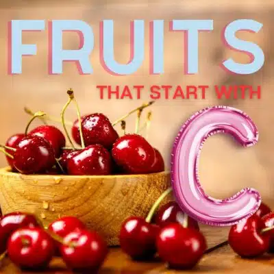 Fruits that start with c as illustrated with a bowl of cherries on tan background with text title overlay.