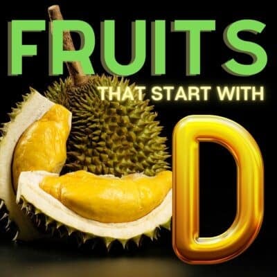 Frutas que começam com d lista completa de desafios de palavras com frutas durian inteiras e cortadas com a sobreposição de título.