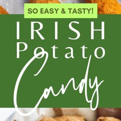 Best Irish potato candy recipe pin with two images of these cute potato shaped candies and text title box.