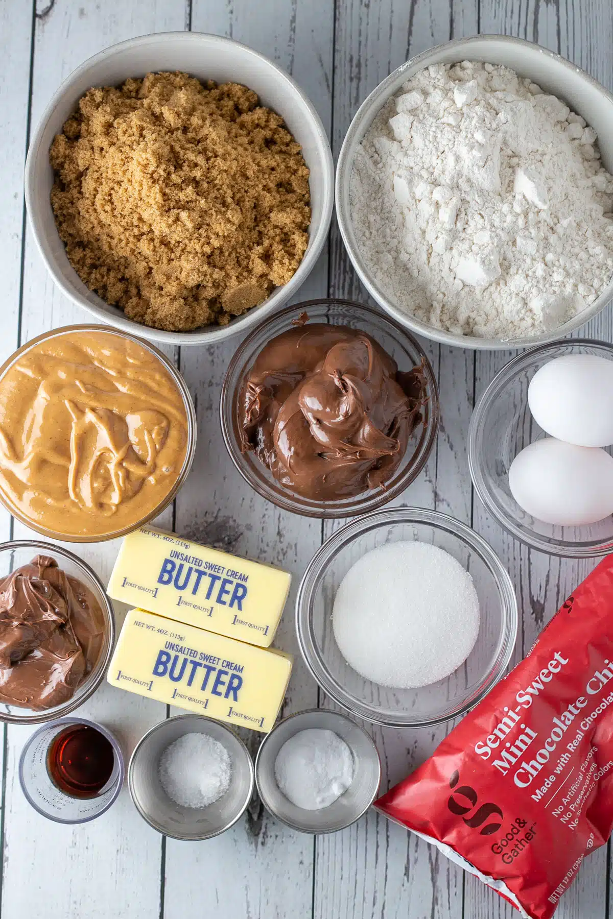 Peanut butter Nutella cookies ingredients measured out and ready to combine to make these fabulous nutty cookies.