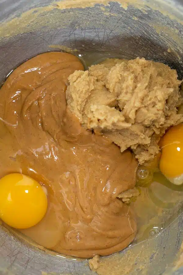 Peanut butter Nutella cookies process photo 2 creamed butter and sugars with eggs added.