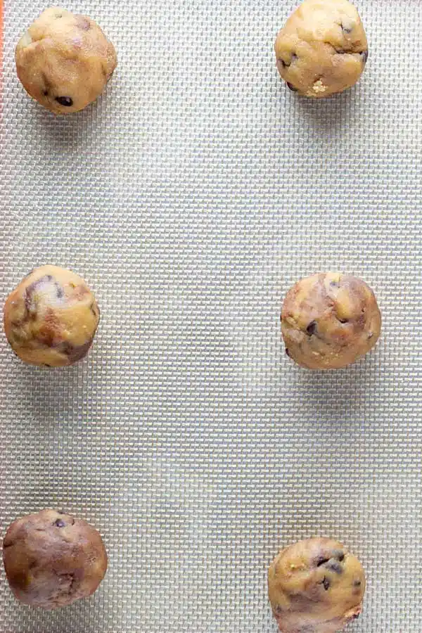 Peanut butter Nutella cookies process photo 9 cookie dough portioned into balls and chilled before baking.