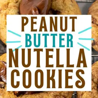 Best peanut butter Nutella cookies pin with text title overlay with cookies on cooling rack.