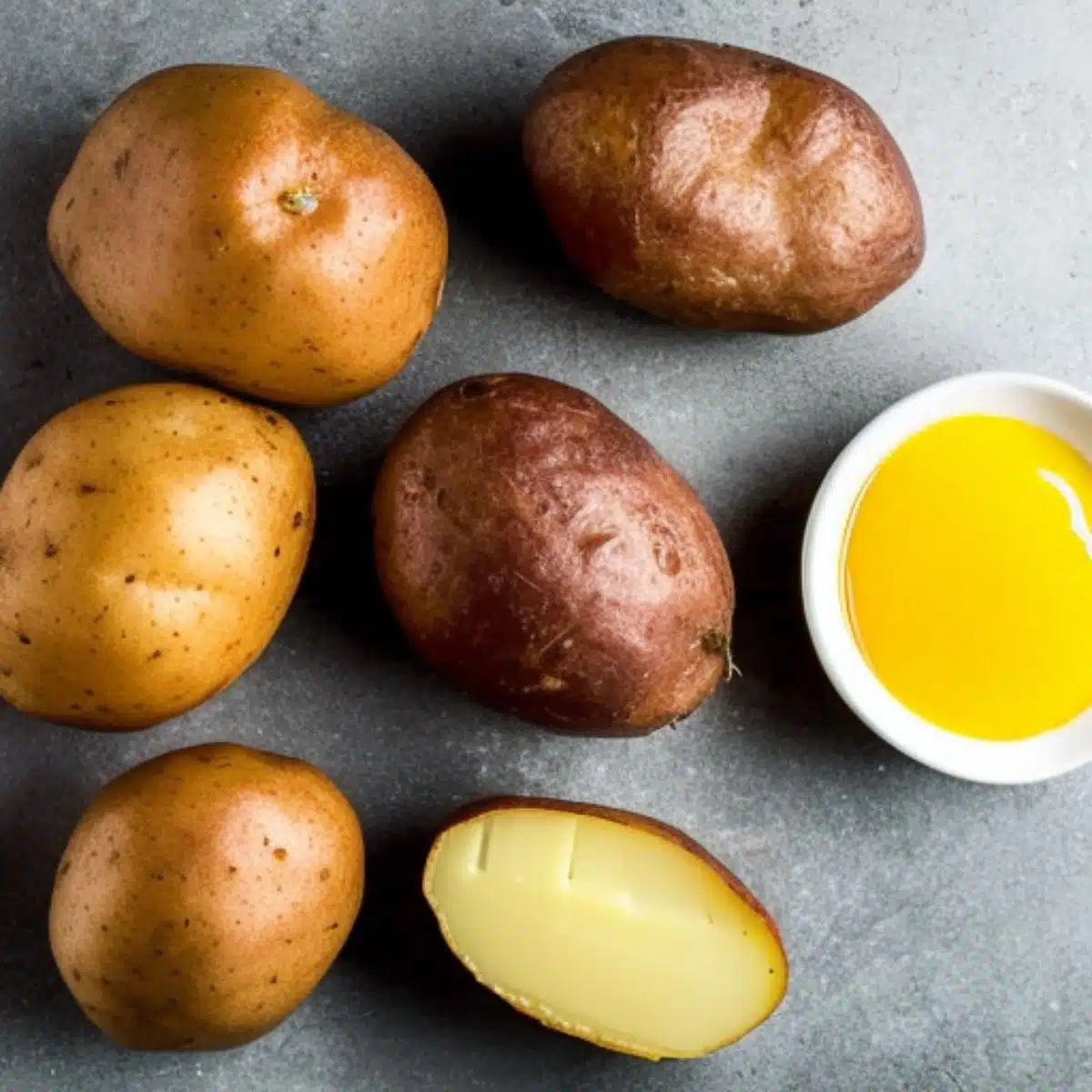 Square image of different types of potatoes.
