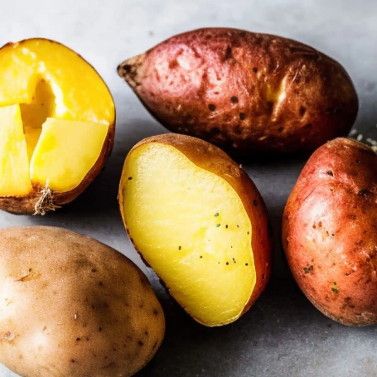 Square image of baked potatoes.