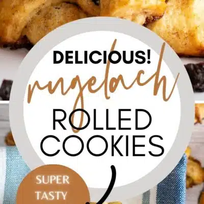 Best rugelach cookie recipe pin featuring two images of delightfully golden baked rugelach.