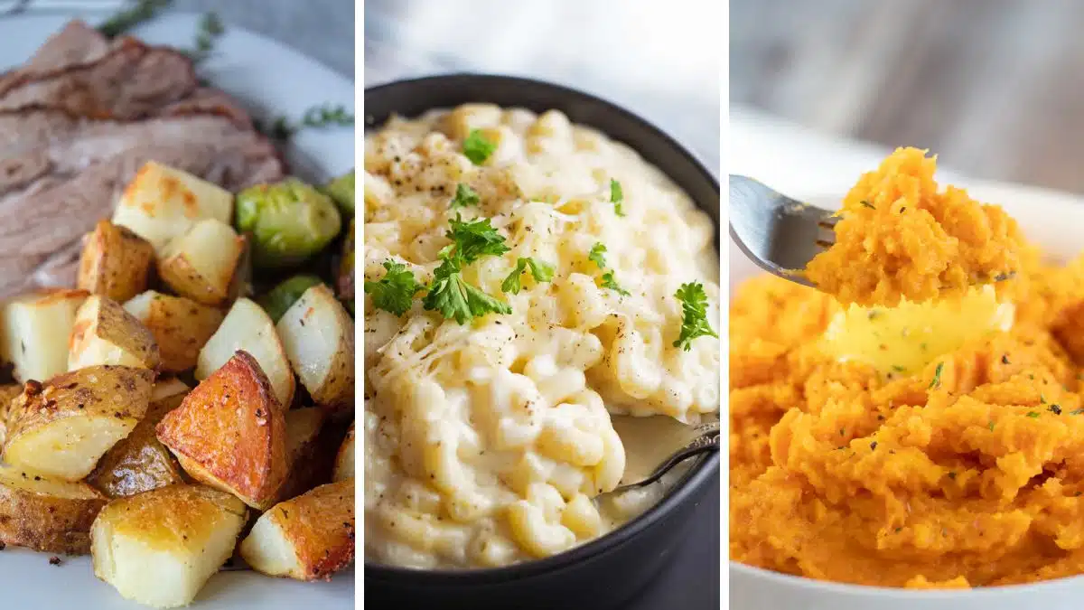 What to serve with lamb ribs trio collage of family favirite sides like mashed sweet potatoes, white cheddar mac and cheese, and oven roasted potatoes.