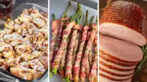 A side by side trio of tasty ideas for what to serve with omelets featuring ham, bacon wrapped asparagus, and cinnamon roll casserole.