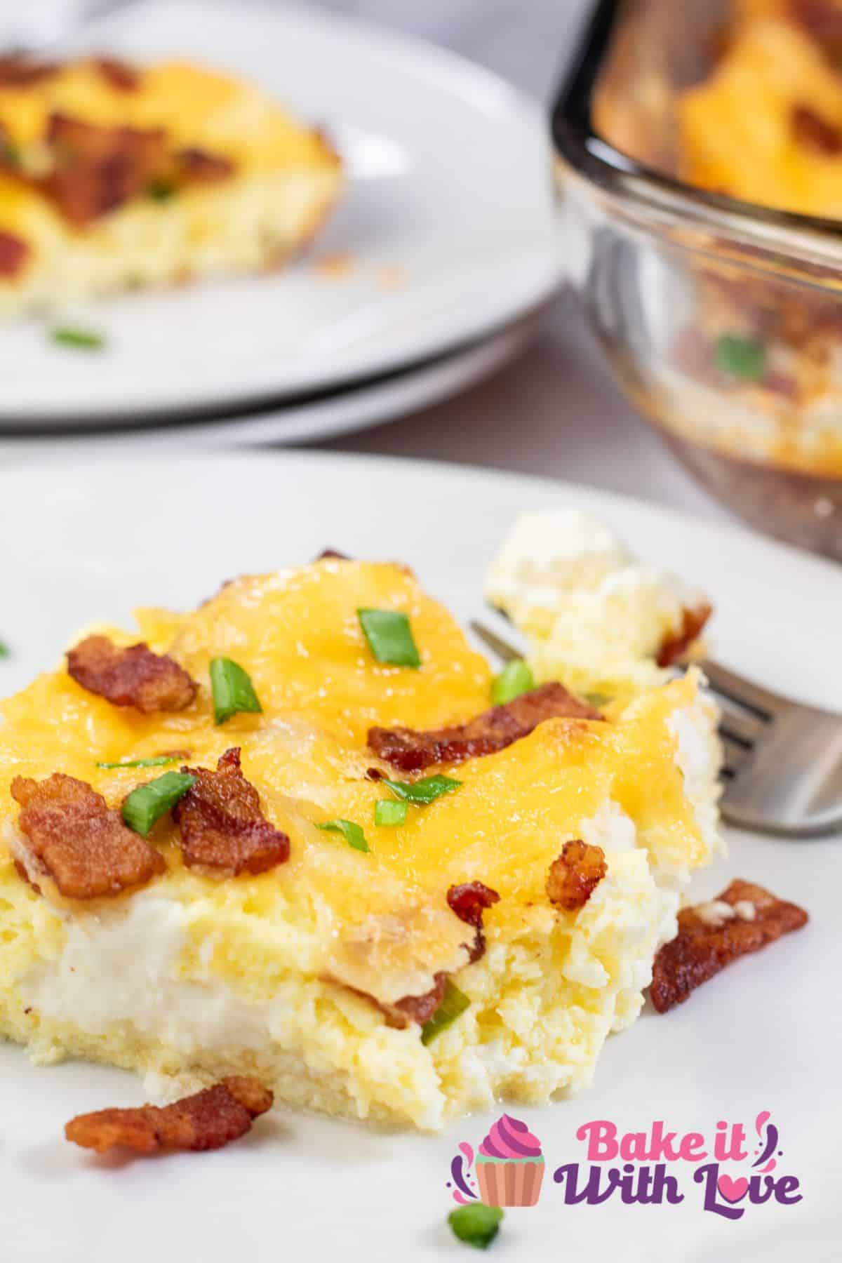 Tall image of bacon breakfast casserole.