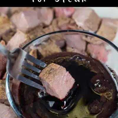 Pin image with text showing dipping steak into basamic glaze.