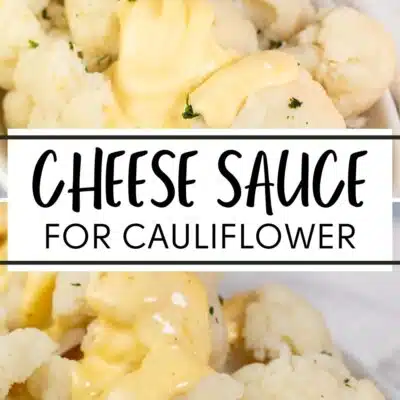 Pin image with text of cauliflower covered with cheese sauce.