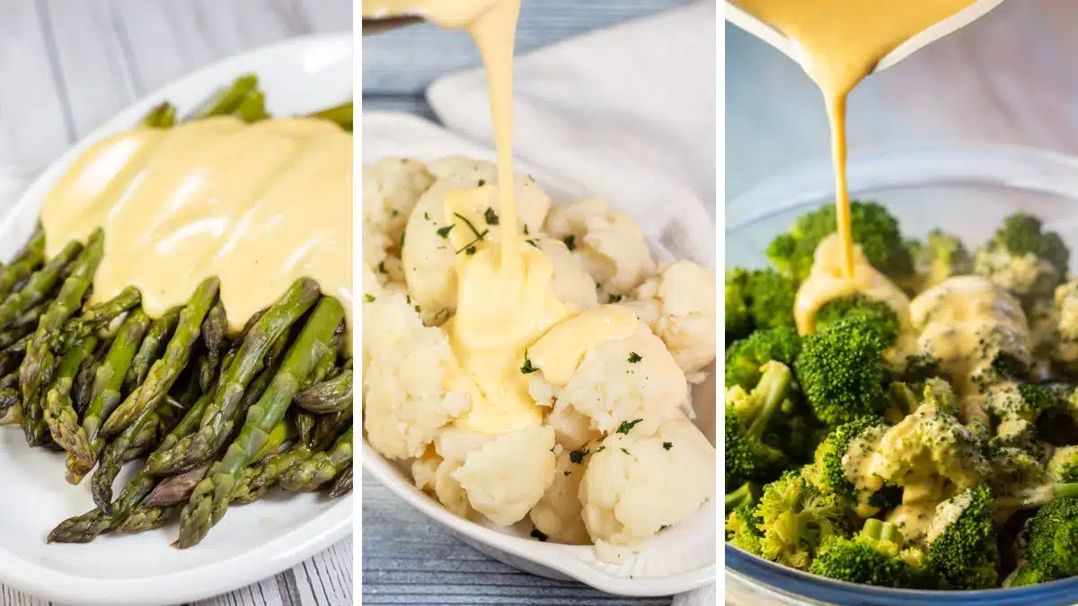 Wide split image showing cheese sauce with different vegetables.