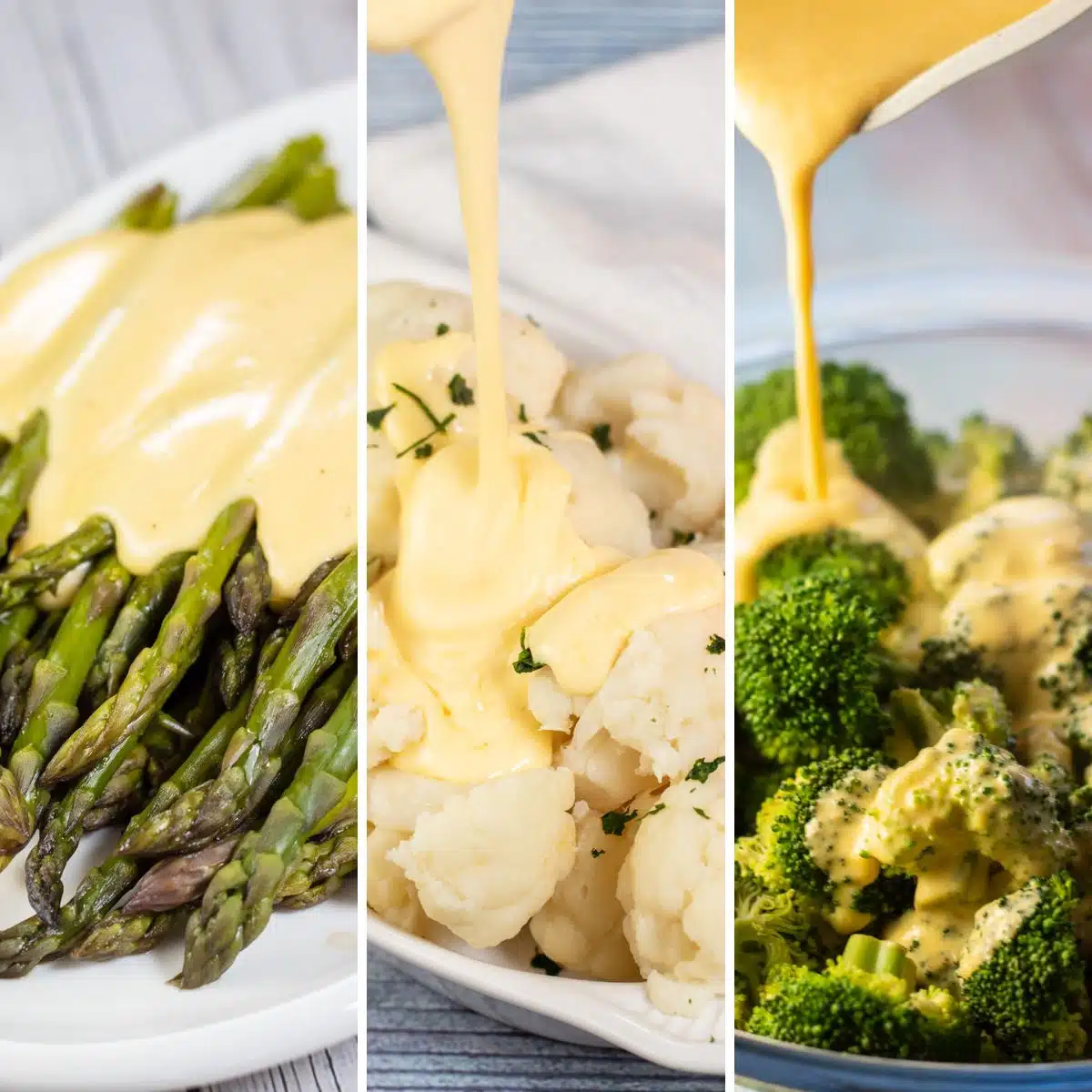 Square split image showing cheese sauce with different vegetables.