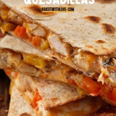 Pin image with text of chicken quesadillas.