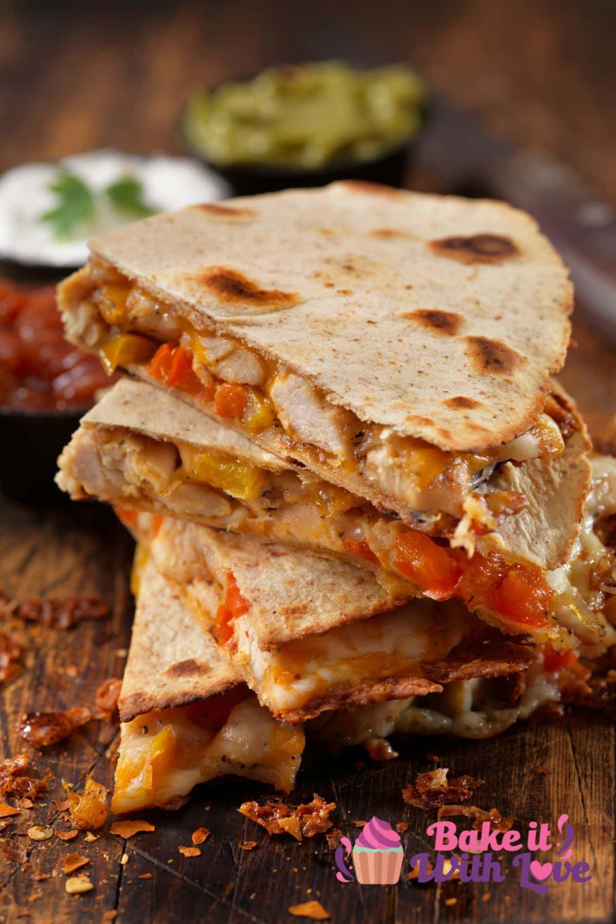 Tall image of chicken quesadillas.