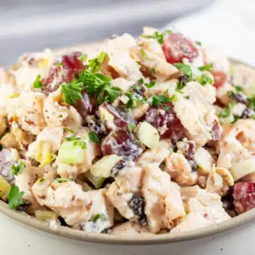 Wide image of a bowl of chicken salad with grapes.
