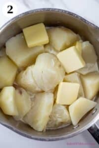 Colcannon process photo 2 showing boiled potatoes with butter.