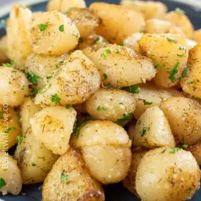 Pin image with text showing cooked canned potatoes.