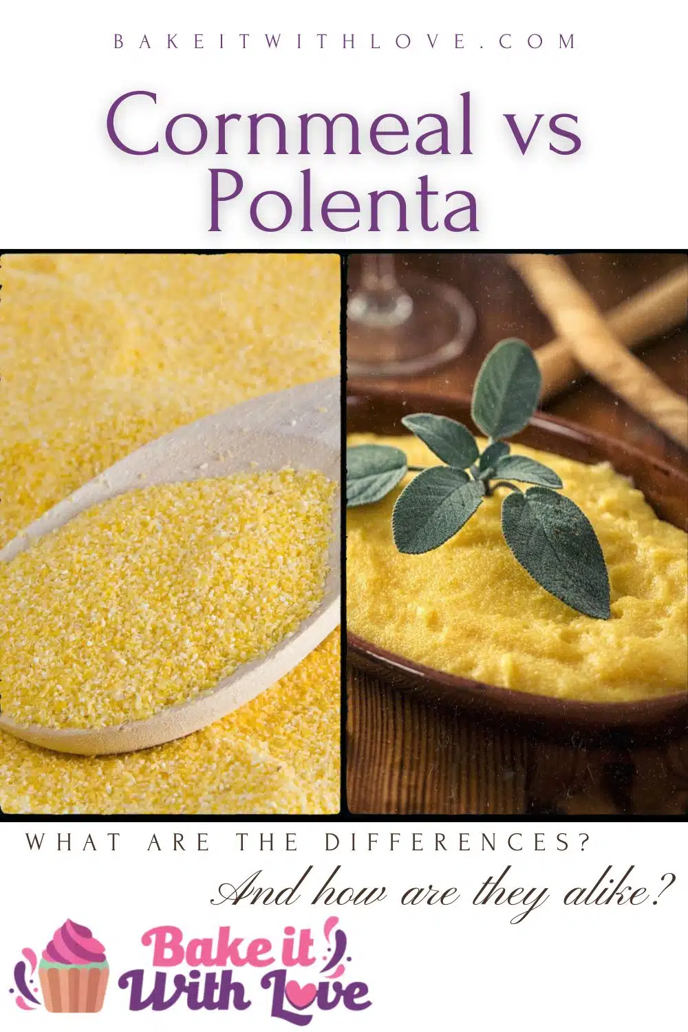 Pin split image with text showing cornmeal and polenta.