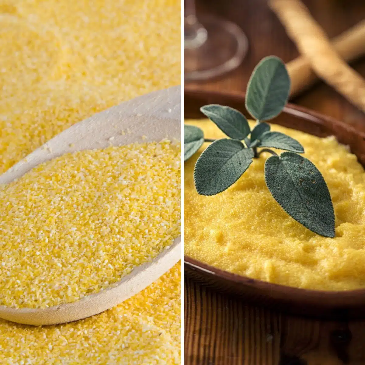 Square split image showing cornmeal and polenta.