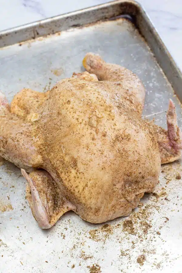 Process image 1 showing seasoned whole chicken.