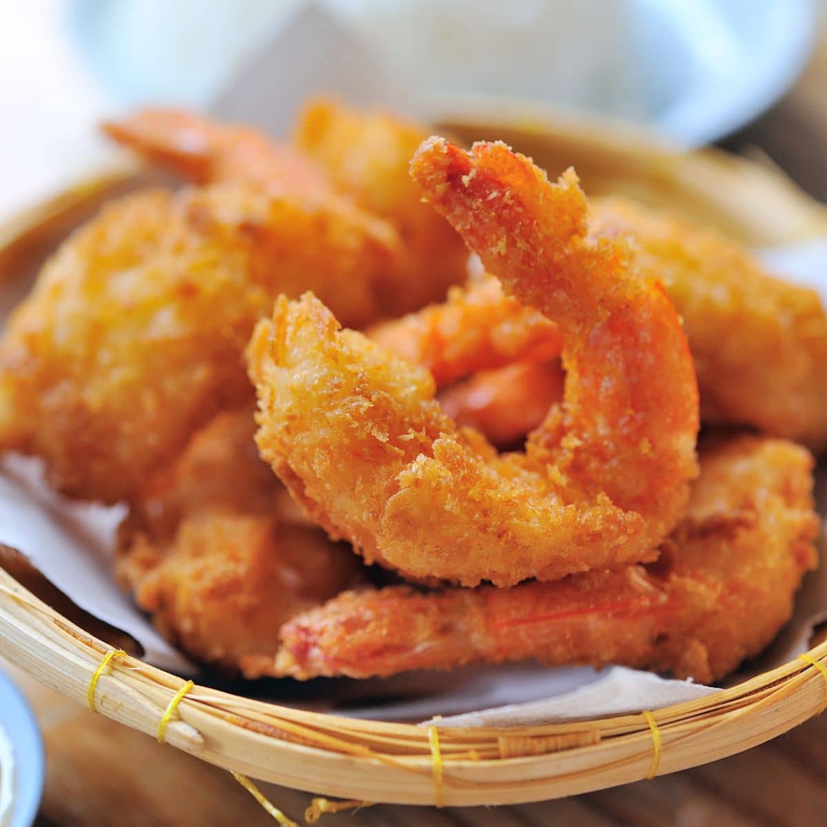 Square image showing crispy fried shrimp.