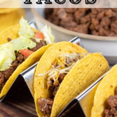 Pin image with text of a trio of ground beef tacos.