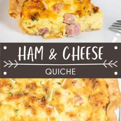 Pin image with text of a ham and cheese quiche.