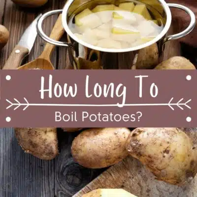 Pin image with text overlay of potatoes boiling.