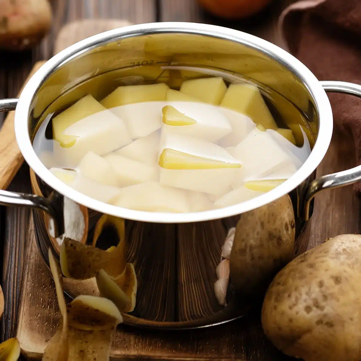 Square image of potatoes boiling.