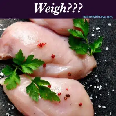 Pin image with text overlay showing raw chicken breasts.