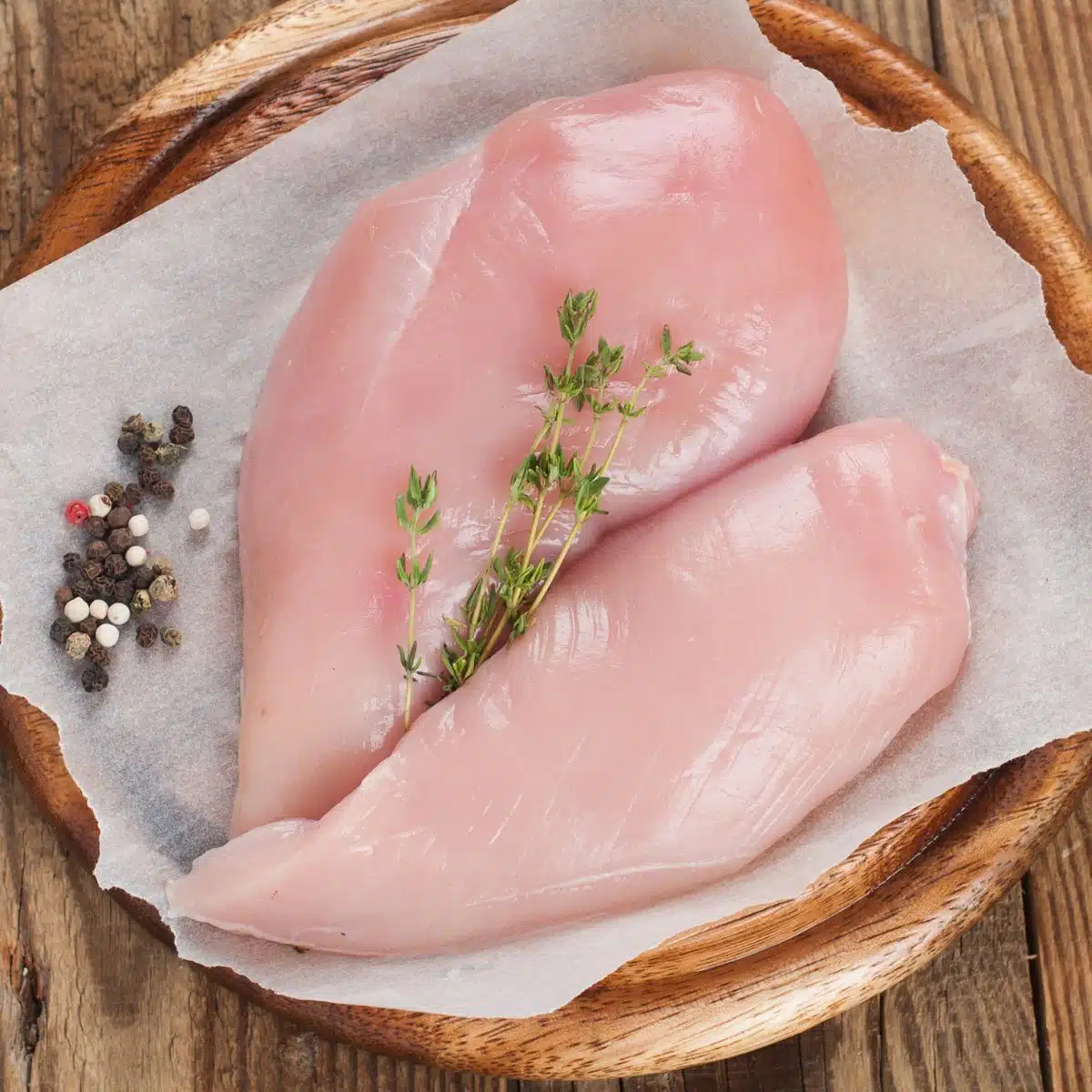 Square image showing raw chicken breasts.