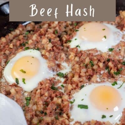 Pin image showing canned corned beef hash and eggs.