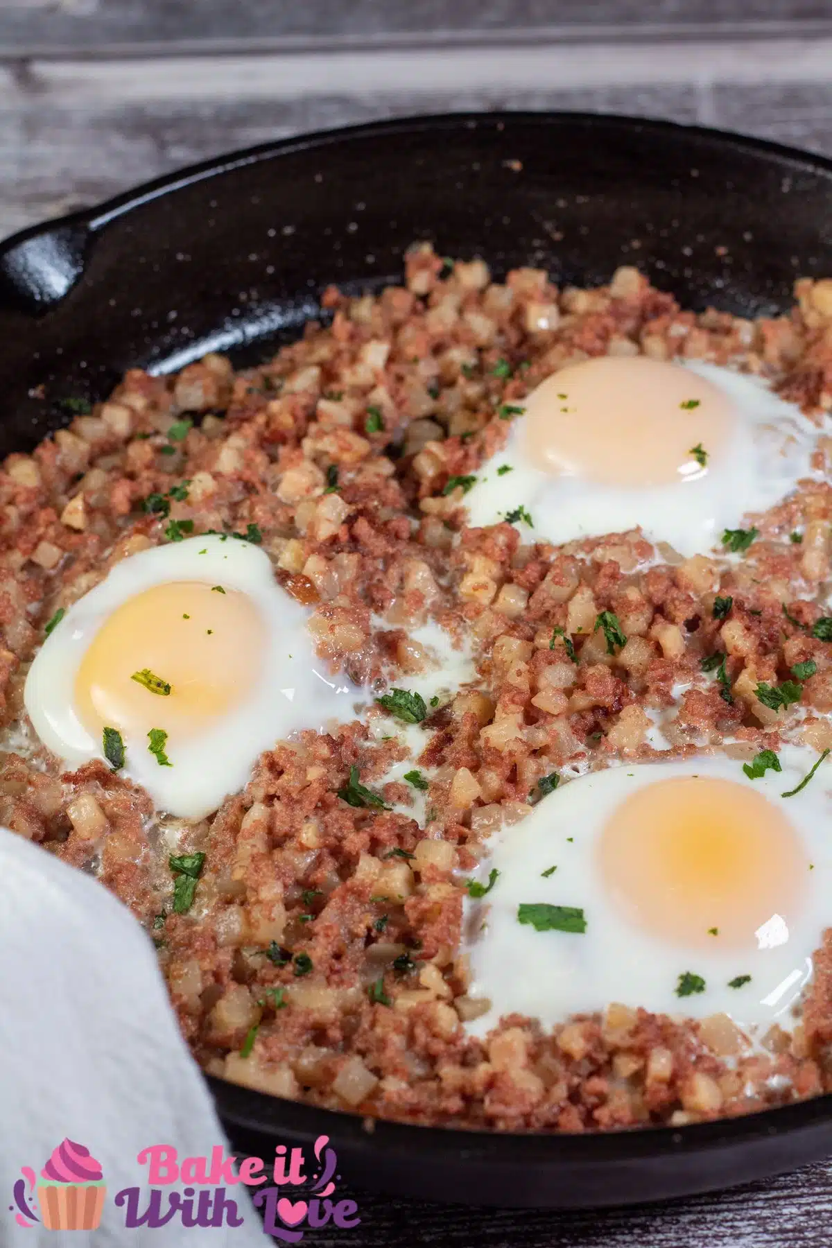 Tall image showing canned corned beef hash and eggs.