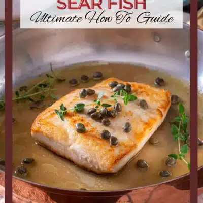 Pin image with text showing pan searing fish.