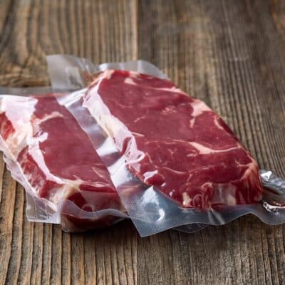 Square image of steak in sealed plastic bag prepped for sous vide.