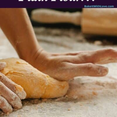 Pin image with text of dough being rolled out on a floured surface.