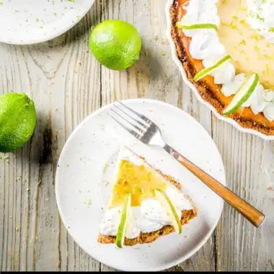 Pin overhead image with text of a slice of key lime pie.