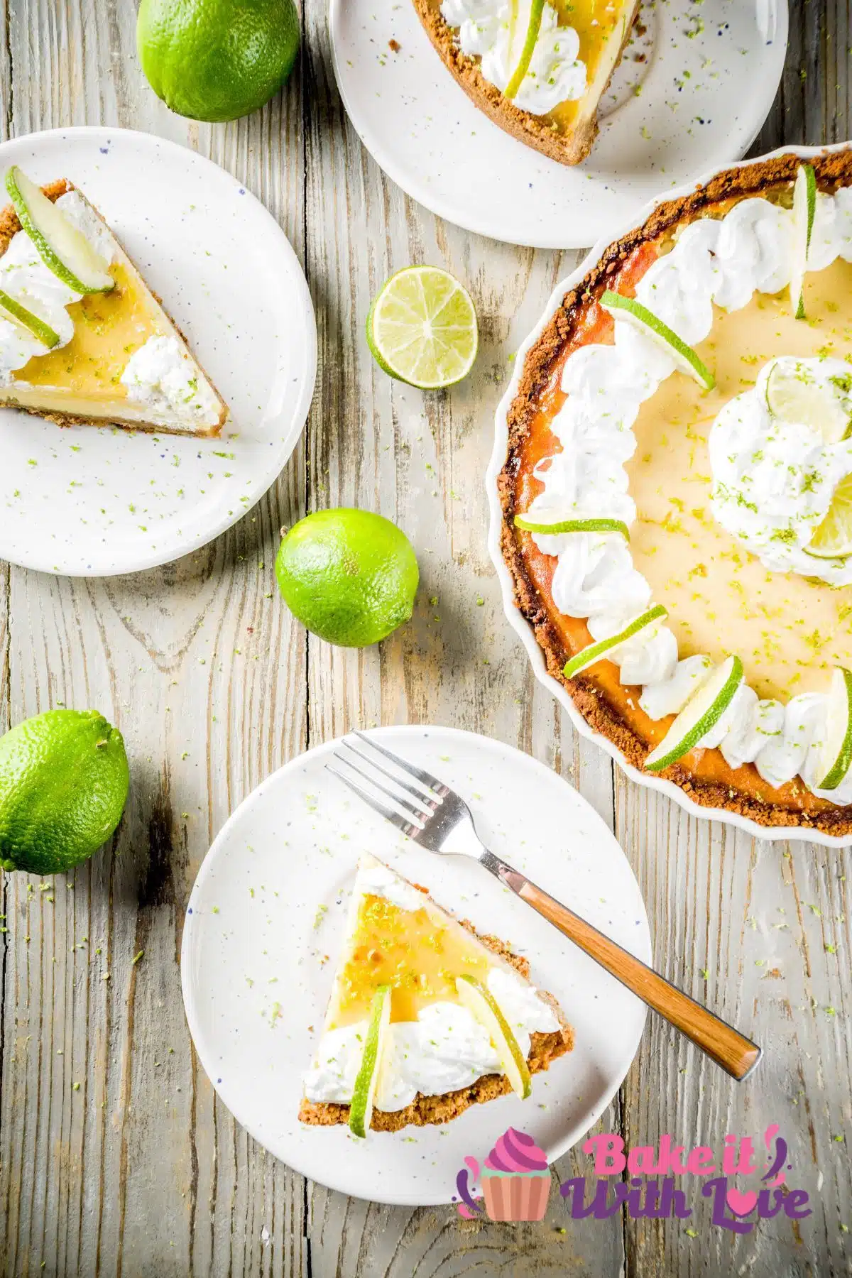 Tall overhead image of a slice of key lime pie.