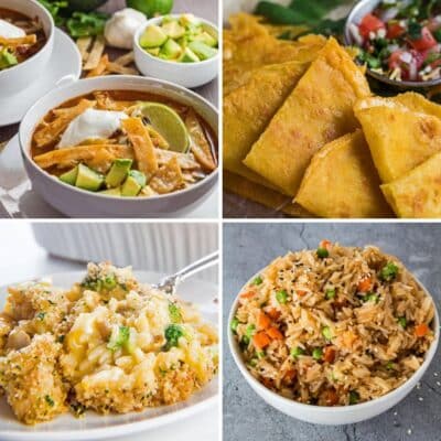Square split image showing different recipes using leftover fried chicken.