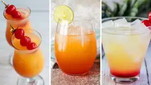 Wide split image showing different Malibu rum cocktails.