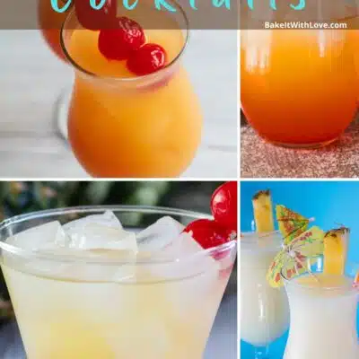 Pin split image with text showing different Malibu rum cocktails.
