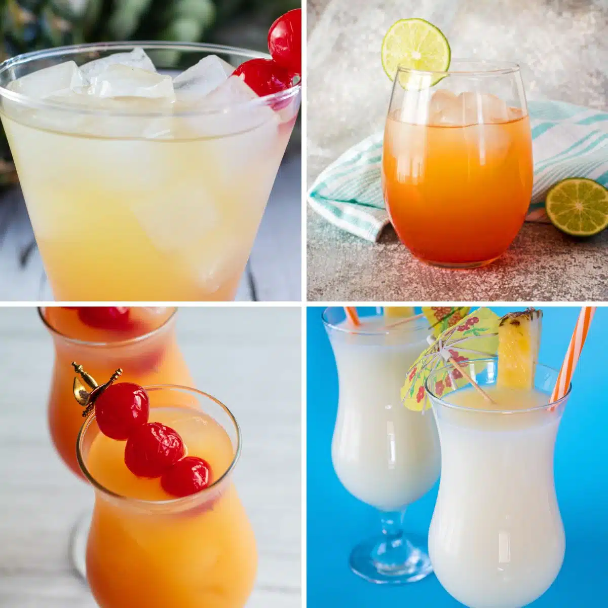 Kvadratna podijeljena slika koja prikazuje različite koktele s rumom Malibu.