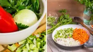 Wide split image showing mirepoix and holy trinity veggies.