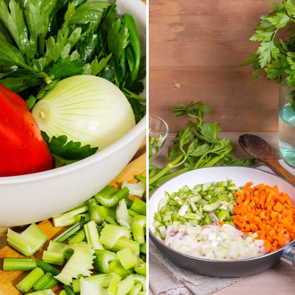 Square split image showing mirepoix and holy trinity veggies.