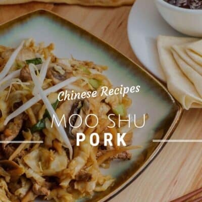 An overhead shot of a square, light-colored serving dish filled with stir-fried moo shu pork, garnished with bean sprouts. Alongside it, a small white bowl contains a dark sauce, and a stack of thin pancakes or wraps are on a white plate. Chopsticks are visible on the right. Overlaying the image in white text are the words "Chinese Recipes MOO SHU PORK". "FOR FULL RECIPE VISIT BAKEITWITHLOVE.COM" is at the bottom.