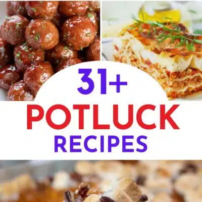 Pin split multi image showing different potluck recipe ideas.
